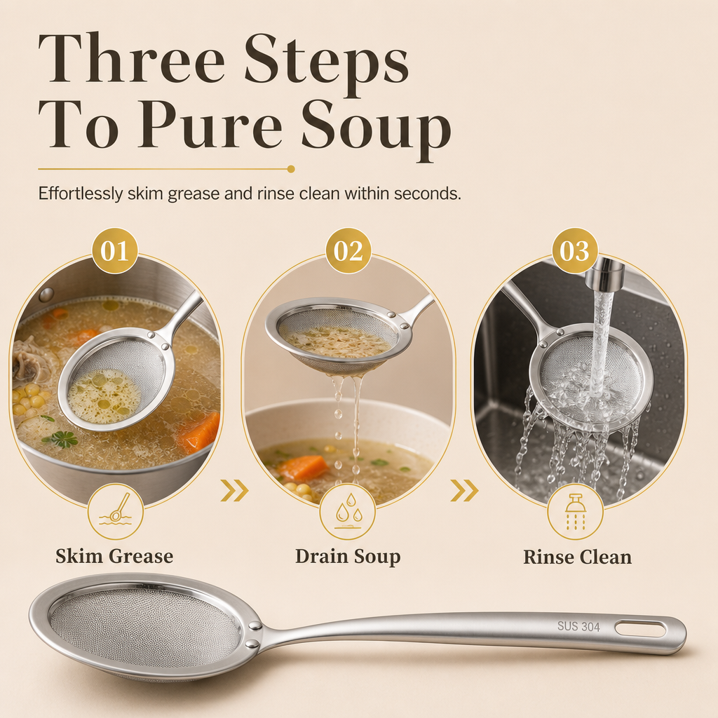 🥣Fine mesh skimmer – removes grease, foam and residue in one smooth motion