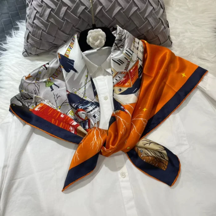 Orange Picture Silk Scarves 4