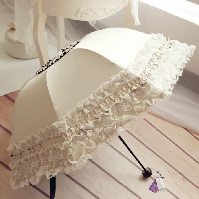 Lace Folding Umbrella Fashion UV Protection Parasol Princess Rain Umbrella Ultra Light Sun Umbrella Women – white 5