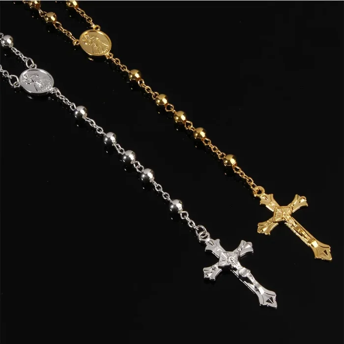 6MM imitation gold bead cross pendant rose necklace 2