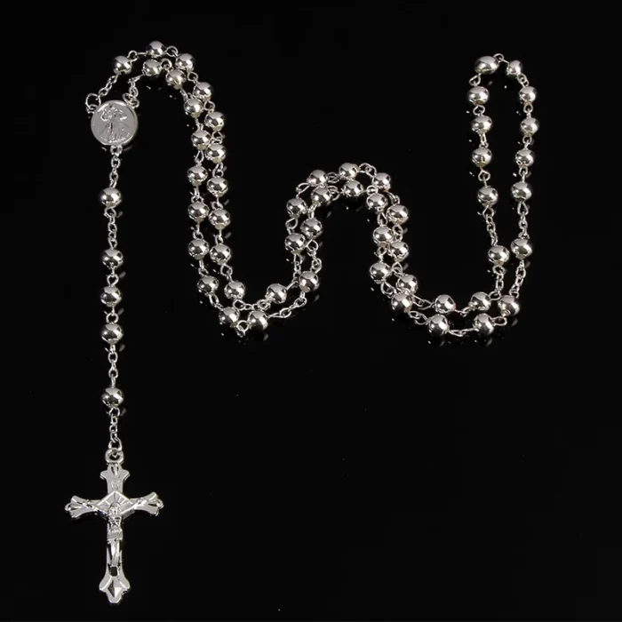 6MM imitation gold bead cross pendant rose necklace 3