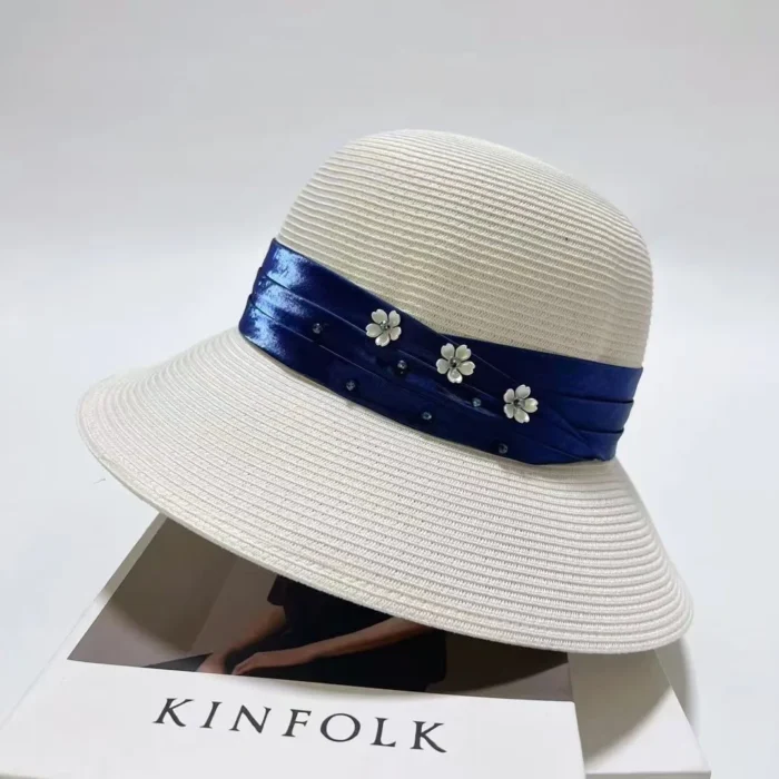 Satin Bow Rhinestone Straw Hat – White 7
