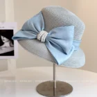Pearl Bow Straw Beach Hat – Blue 3