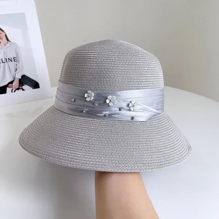 Satin Bow Rhinestone Straw Hat – Gray 2