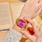 Retro Simple Stainless Steel Strap Square Dial Quartz Watch – Pink 4