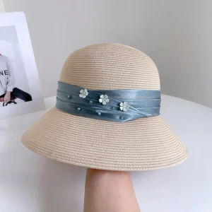 Satin Bow Rhinestone Straw Hat