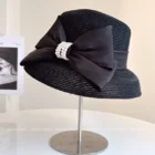 Pearl Bow Straw Beach Hat – Black 5