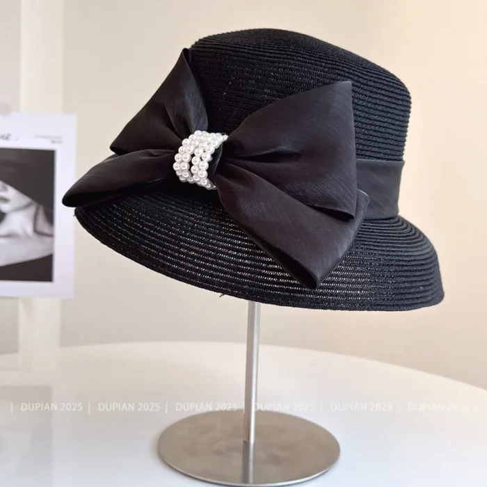 Pearl Bow Straw Beach Hat – Black 5