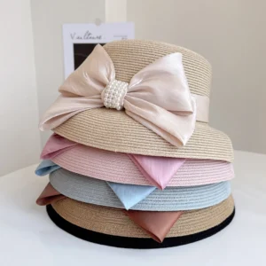 Pearl Bow Straw Summer Beach Hat