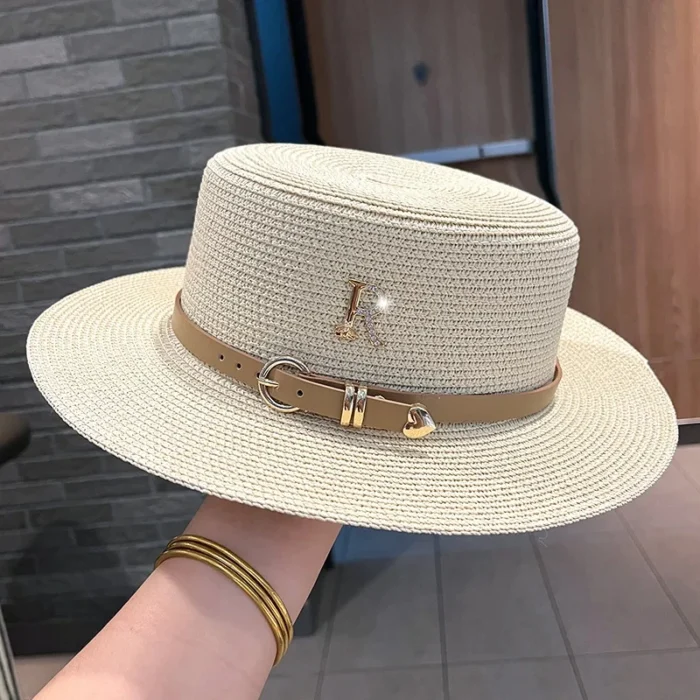 Straw Metal R Letter Belt Hat – Beige 7