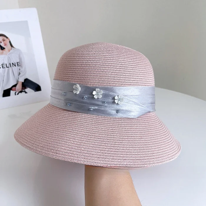 Satin Bow Rhinestone Straw Hat – Pink 5