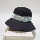 Satin Bow Rhinestone Straw Hat – Black 4