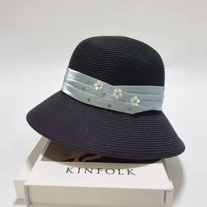 Satin Bow Rhinestone Straw Hat – Black 4