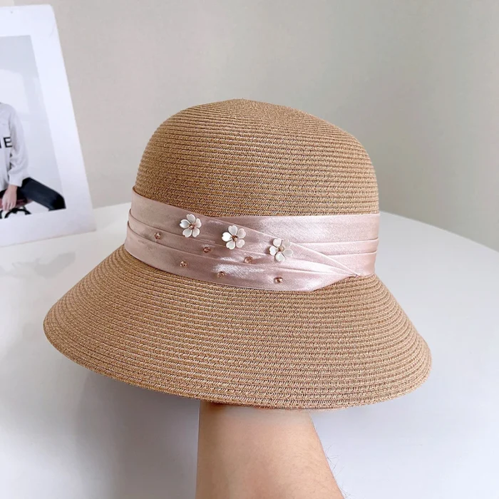 Satin Bow Rhinestone Straw Hat – Khaki 3