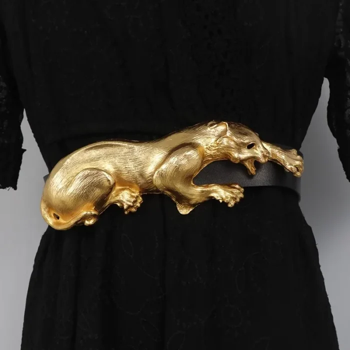 Gold Leopard Waistband Wide Belt – genuine leather belt 1