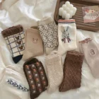 5 Pairs Bear Socks Cute Cartoon Animal Socks Printed Japanese Fashion Kawaii Women Cotton Rhombus Middle Tube Cute White Socks 5