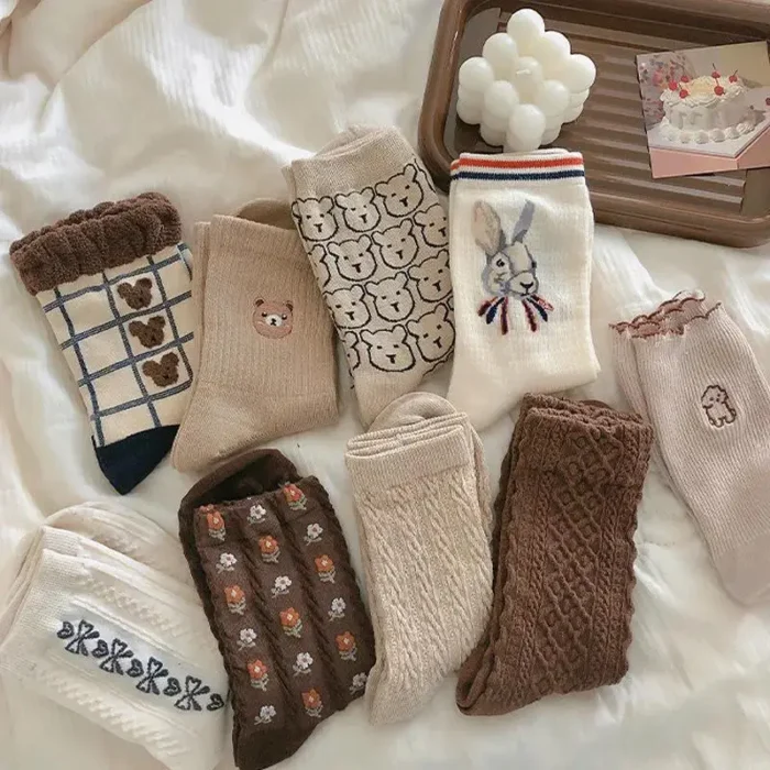 5 Pairs Bear Socks Cute Cartoon Animal Socks Printed Japanese Fashion Kawaii Women Cotton Rhombus Middle Tube Cute White Socks 5