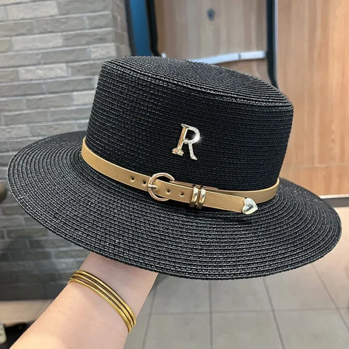 Straw Metal R Letter Belt Hat – Black 8