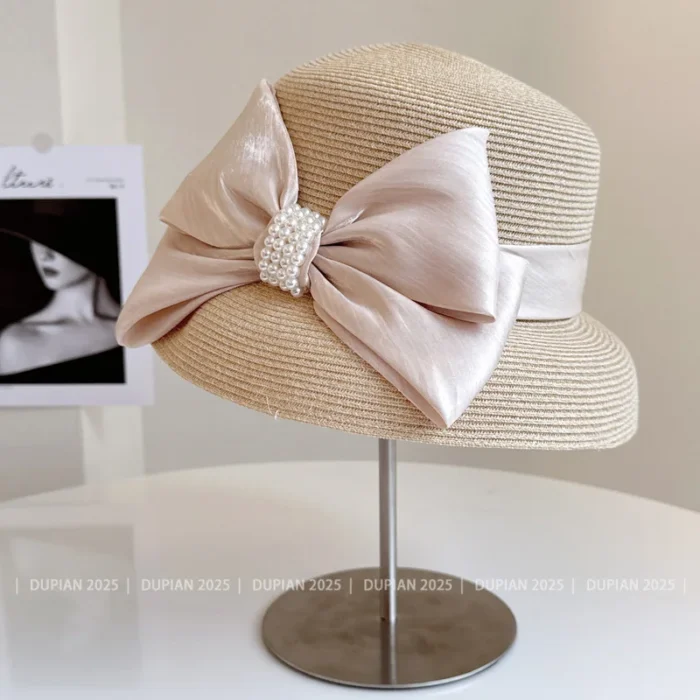 Pearl Bow Straw Beach Hat – Creamy-white 6