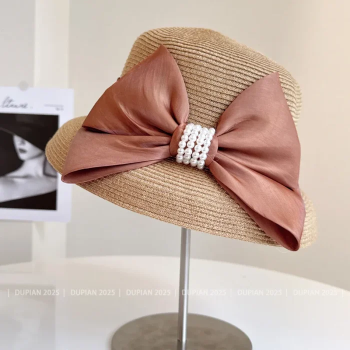 Pearl Bow Straw Beach Hat – Khaki 2