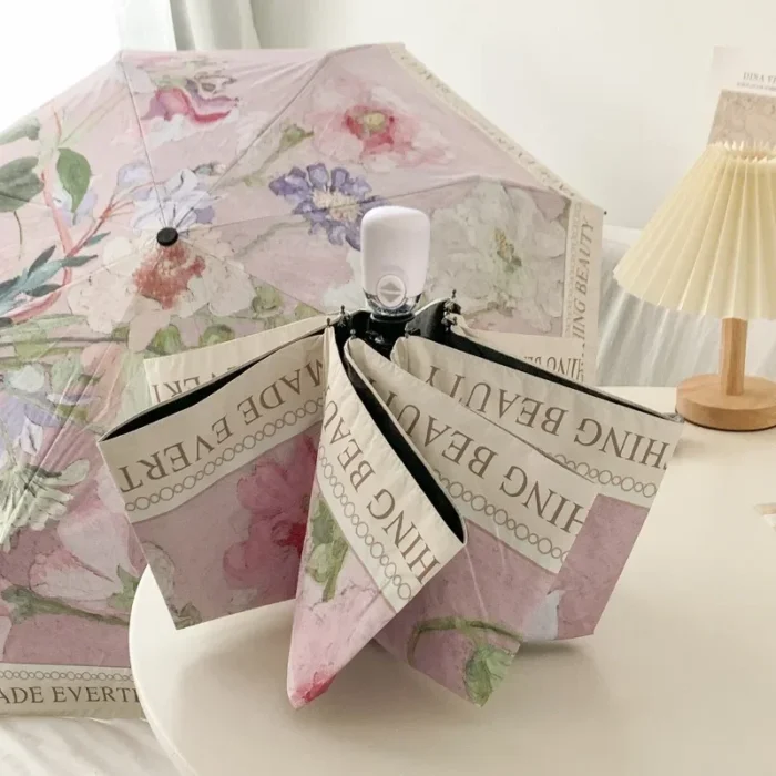 Umbrella Sunshade Protection UV Folding Advertisement Girl Parasol Flower Modern Luxury Retro Oil Painting Automatic Black Glue – 3automatic 5
