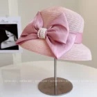 Pearl Bow Straw Beach Hat – Pink 7