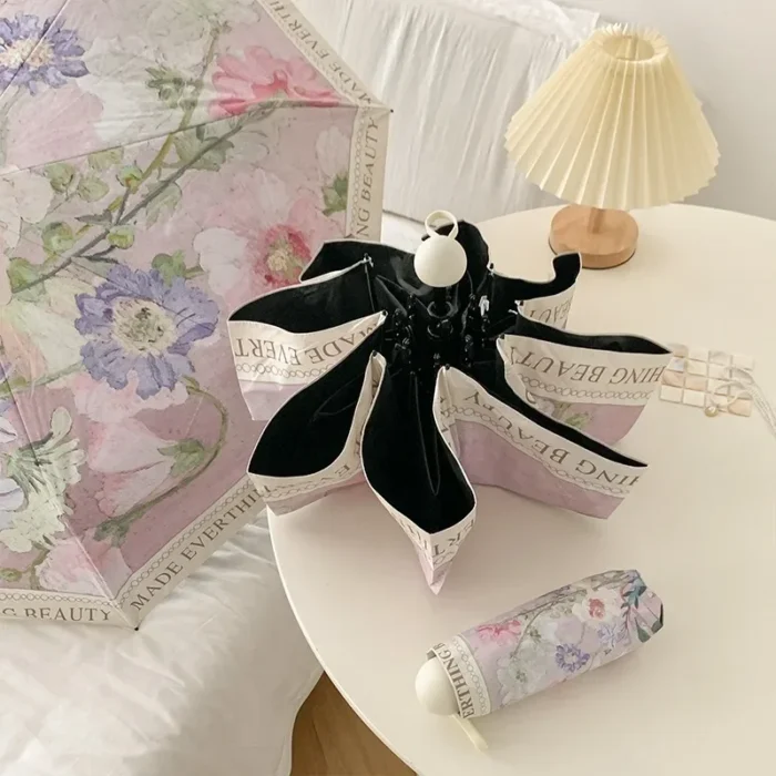 Umbrella Sunshade Protection UV Folding Advertisement Girl Parasol Flower Modern Luxury Retro Oil Painting Automatic Black Glue 2