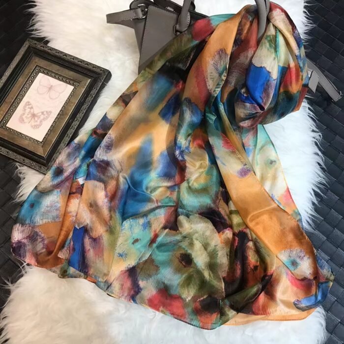 Summer Printed Silk Scarves – coffee blue 18