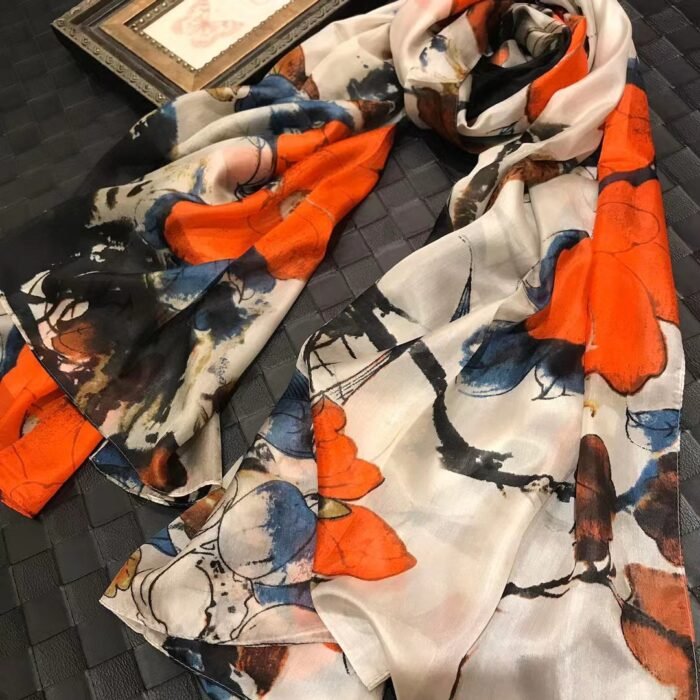 Summer Printed Silk Scarves – beige red 19