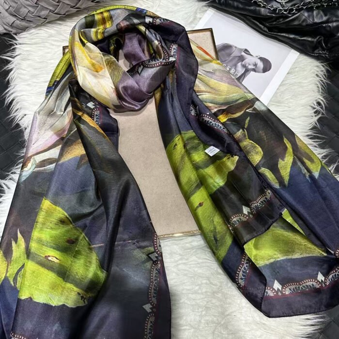 Summer Printed Silk Scarves – purple green lotus 22