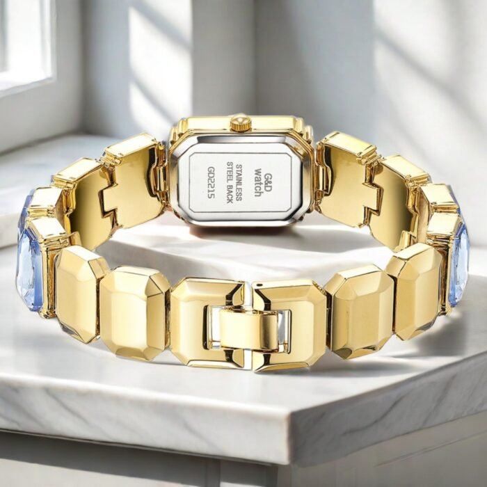 golden square gem stone dial quartz watch 5