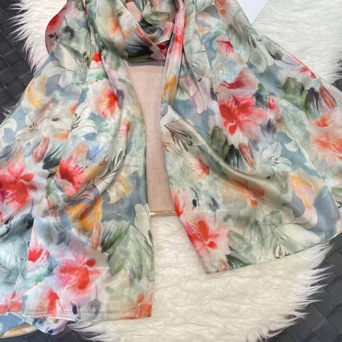 Summer Printed Silk Scarves – grey pink 25