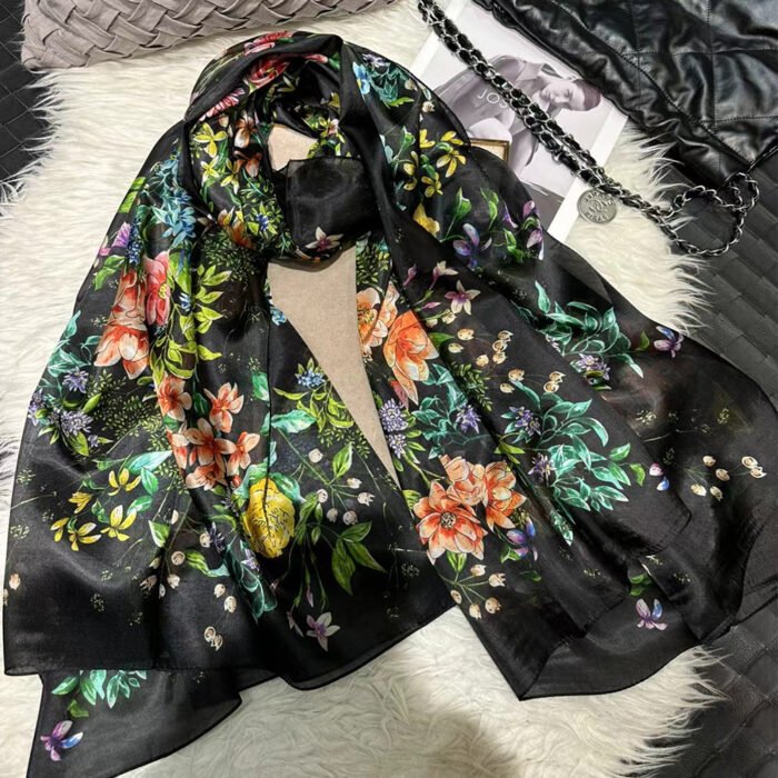 Summer Printed Silk Scarves – black green 26