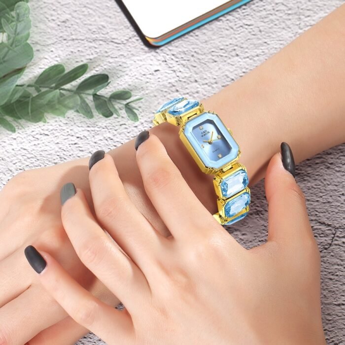 golden square gem stone dial quartz watch 6