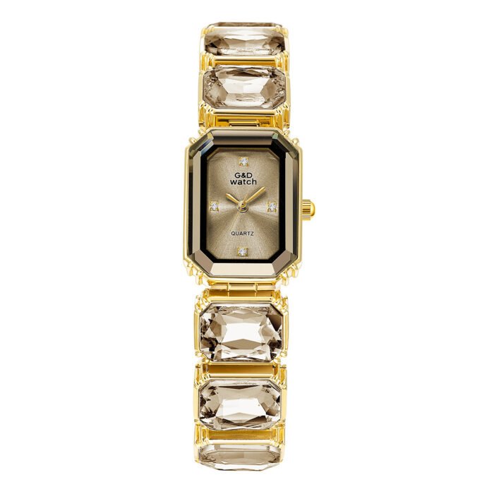 golden square gem stone dial quartz watch – Gold 8