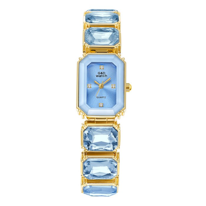 golden square gem stone dial quartz watch – Blue 10