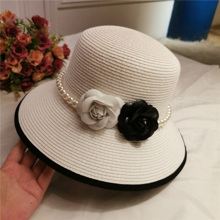 French Retro Straw Pearl Flower Bucket Hat 3