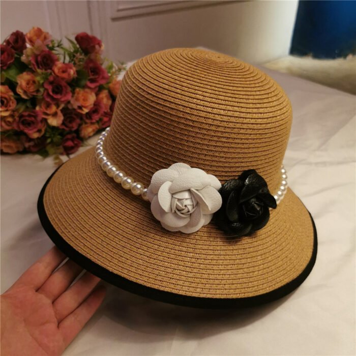 French Retro Straw Pearl Flower Bucket Hat 4