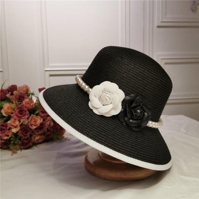 French Retro Straw Pearl Flower Bucket Hat – Black 7
