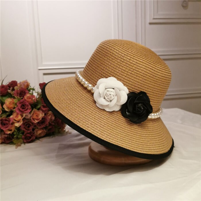 French Retro Straw Pearl Flower Bucket Hat – Khaki 8