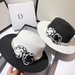 Black And White Pearl Flower Straw Hat