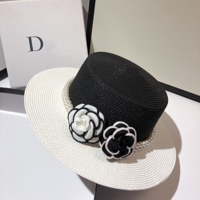 Black And White Pearl Flower Straw Hat – black 3