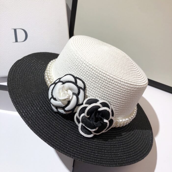 Black And White Pearl Flower Straw Hat – WHITE 4