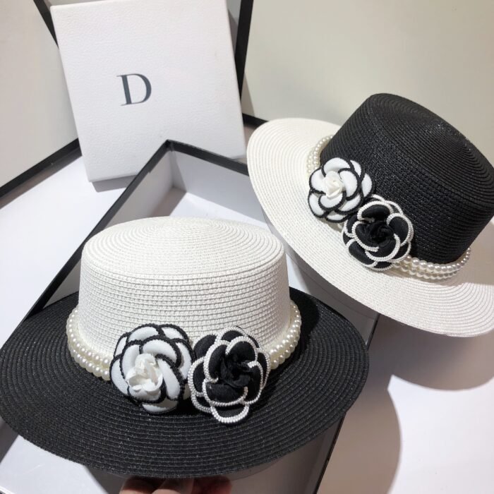 Black And White Pearl Flower Straw Hat 6
