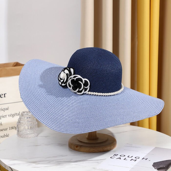 Two Tones Wide Brim Pearl Flower Hat 3