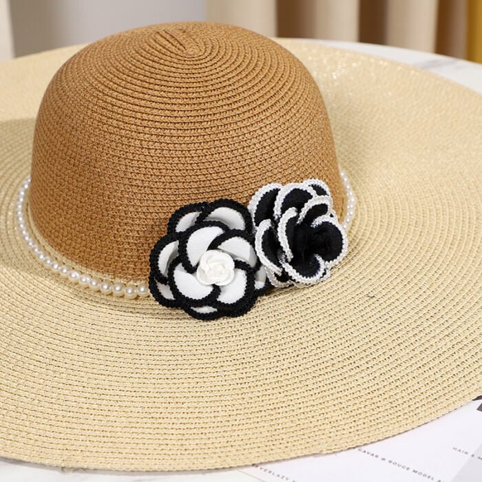 Two Tones Wide Brim Pearl Flower Hat 5
