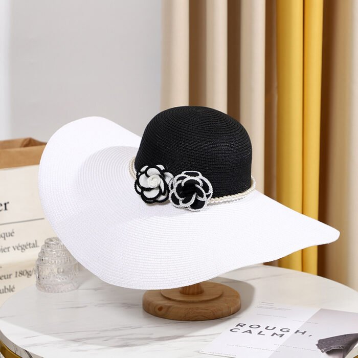 Two Tones Wide Brim Pearl Flower Hat – Black White 7
