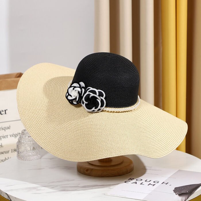 Two Tones Wide Brim Pearl Flower Hat – Black Beige 8