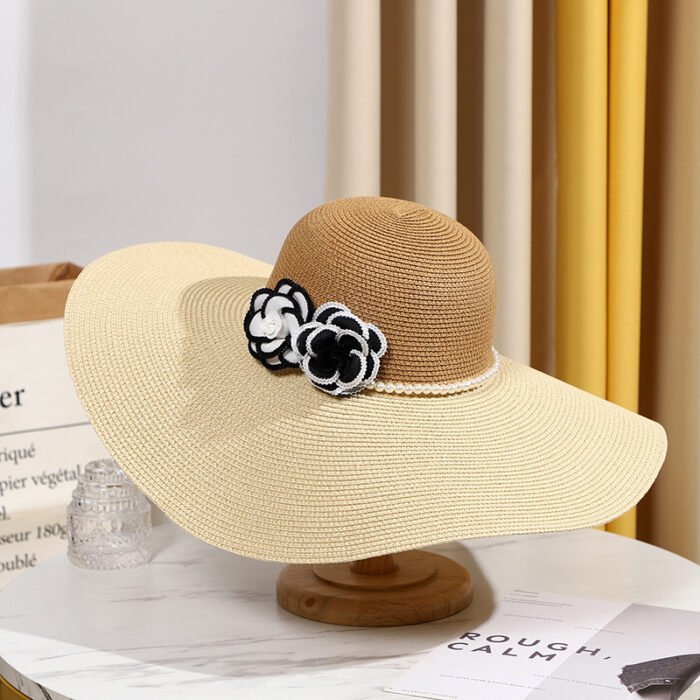 Two Tones Wide Brim Pearl Flower Hat – Khaki Beige 10
