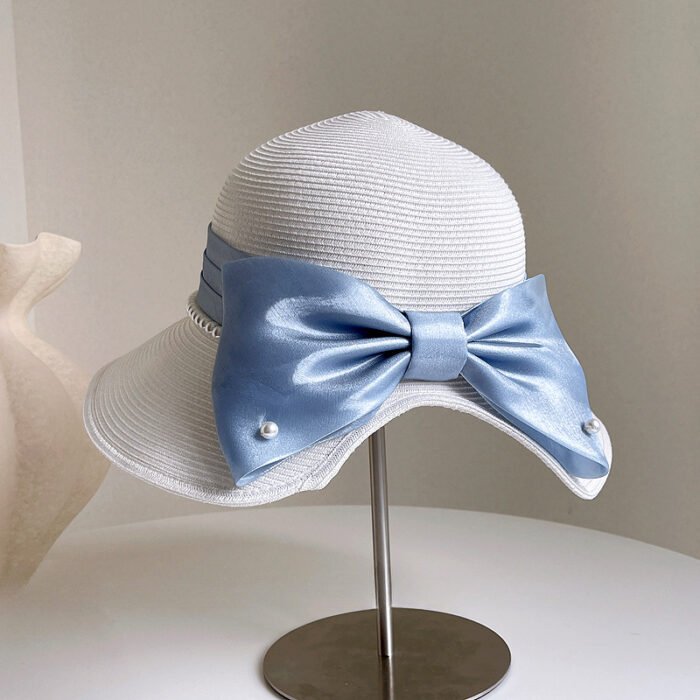 Satin Pearl Bow Straw Hat – White 1